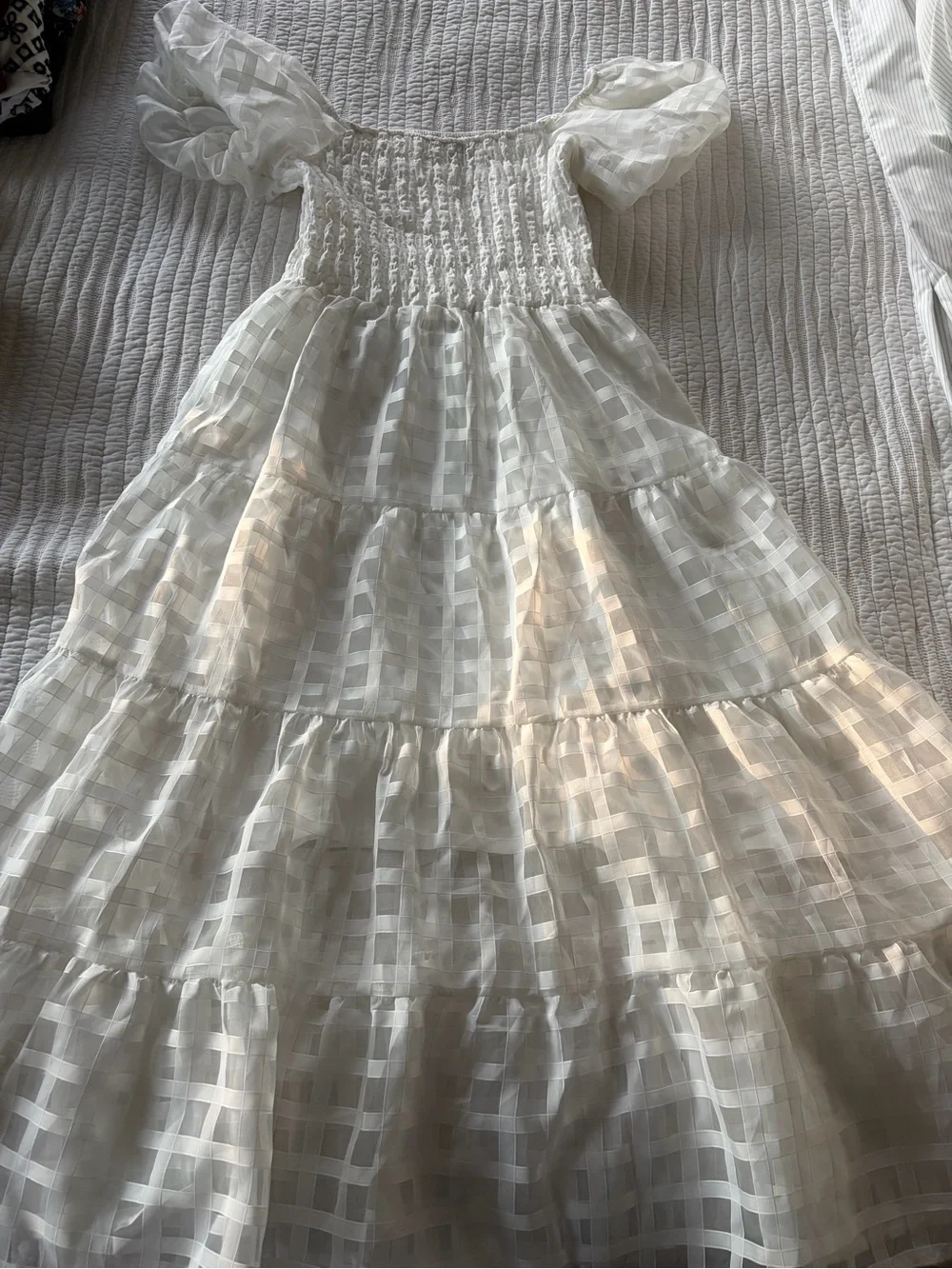 White Sheer Check Tiered Smocked Waist Maxi Skirt